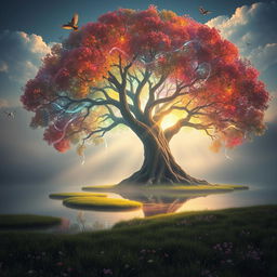 A surreal scene depicting a giant tree with luminous, multicolored leaves, set in a dreamy landscape