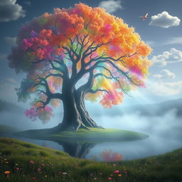 A surreal scene depicting a giant tree with luminous, multicolored leaves, set in a dreamy landscape