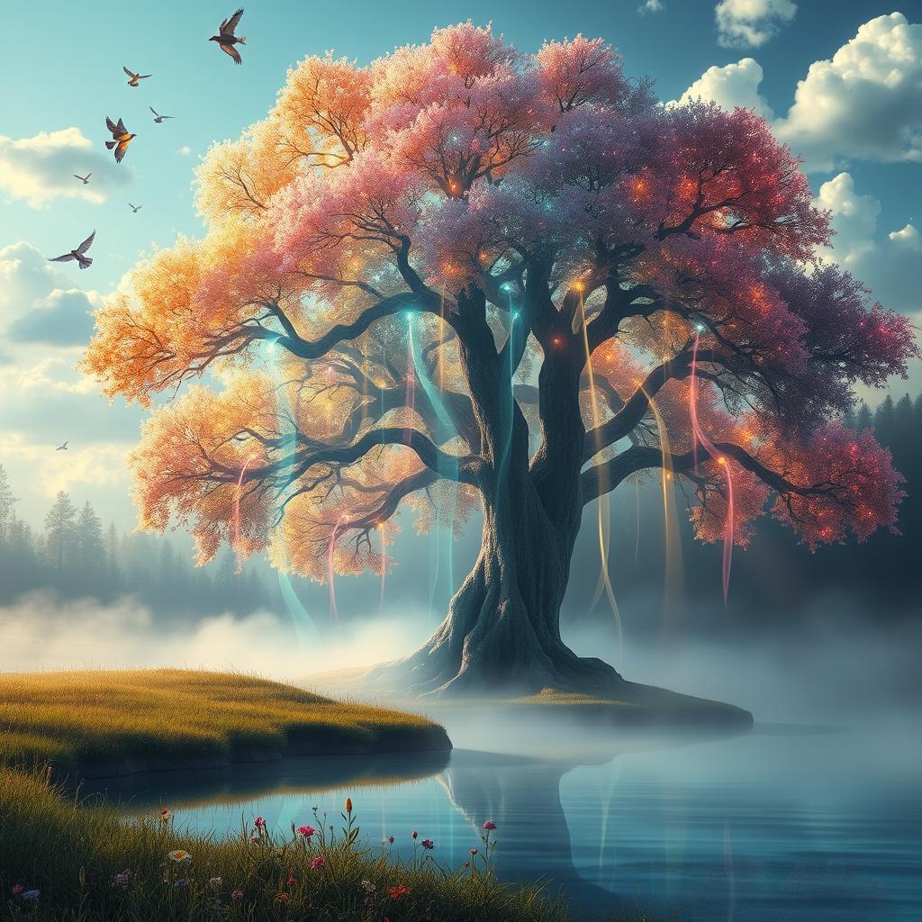 A surreal scene depicting a giant tree with luminous, multicolored leaves, set in a dreamy landscape