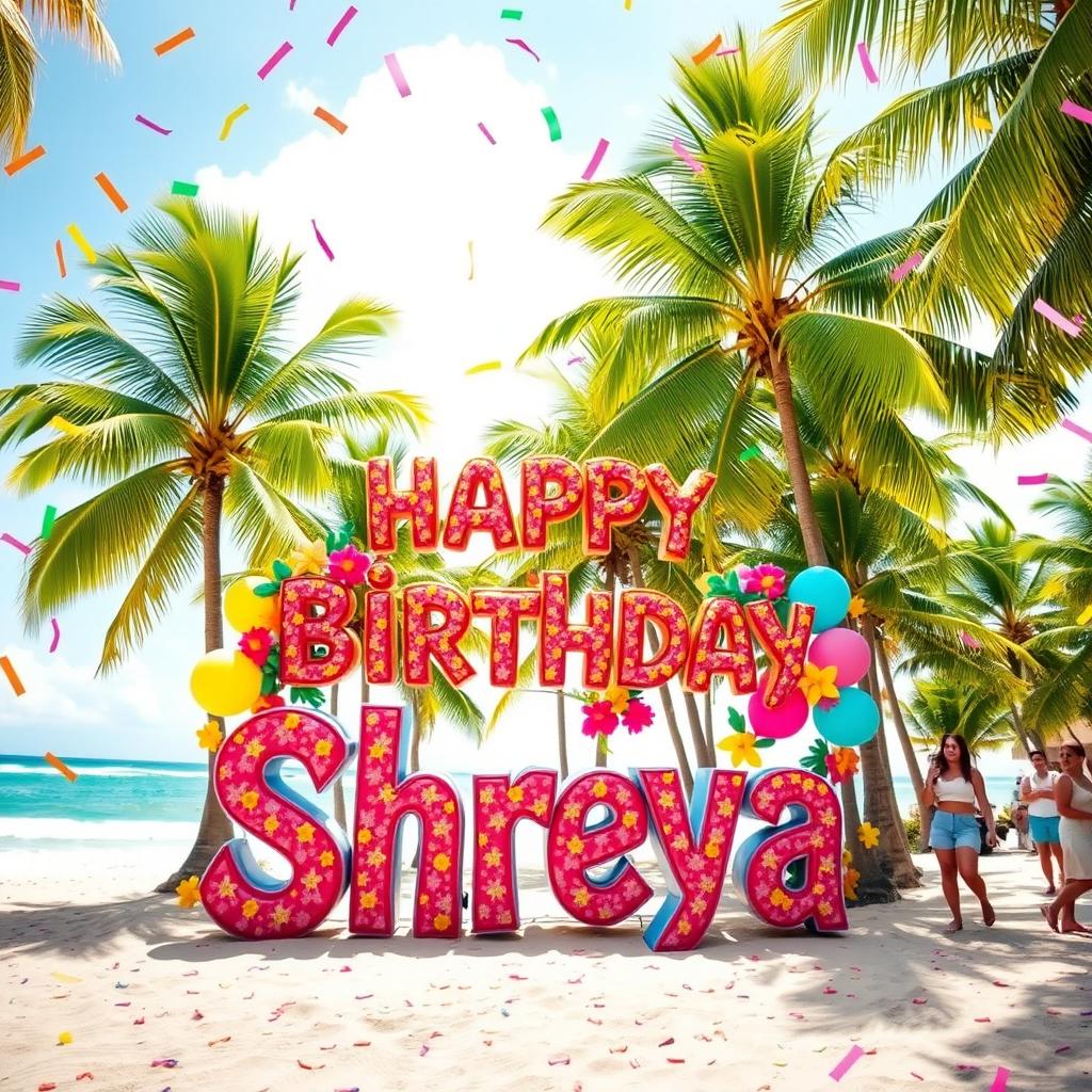A vibrant and joyful scene in a tropical paradise, featuring a large and colorful 'Happy Birthday Shreya' sign decorated with bright flowers and balloons