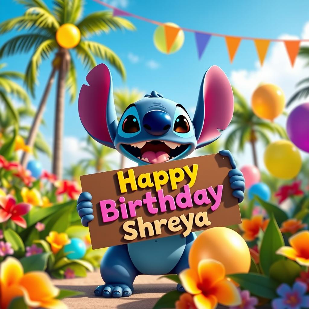 A whimsical scene of Stitch from Disney, joyfully holding a large, colorful 'Happy Birthday Shreya' sign in a tropical paradise setting