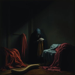 A realistic and eerie scene featuring a shadowy creature known as a 'creeper' stealthily collecting a woman's shawls