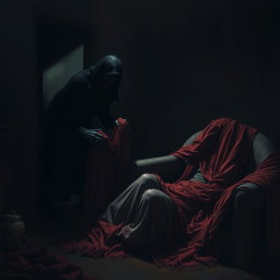 A realistic and eerie scene featuring a shadowy creature known as a 'creeper' stealthily collecting a woman's shawls