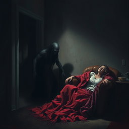 A realistic and eerie scene featuring a shadowy creature known as a 'creeper' stealthily collecting a woman's shawls