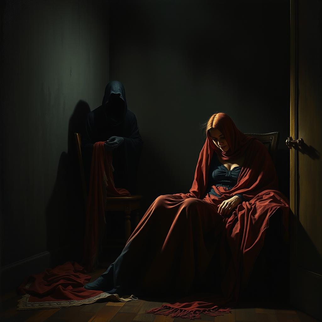 A realistic and eerie scene featuring a shadowy creature known as a 'creeper' stealthily collecting a woman's shawls
