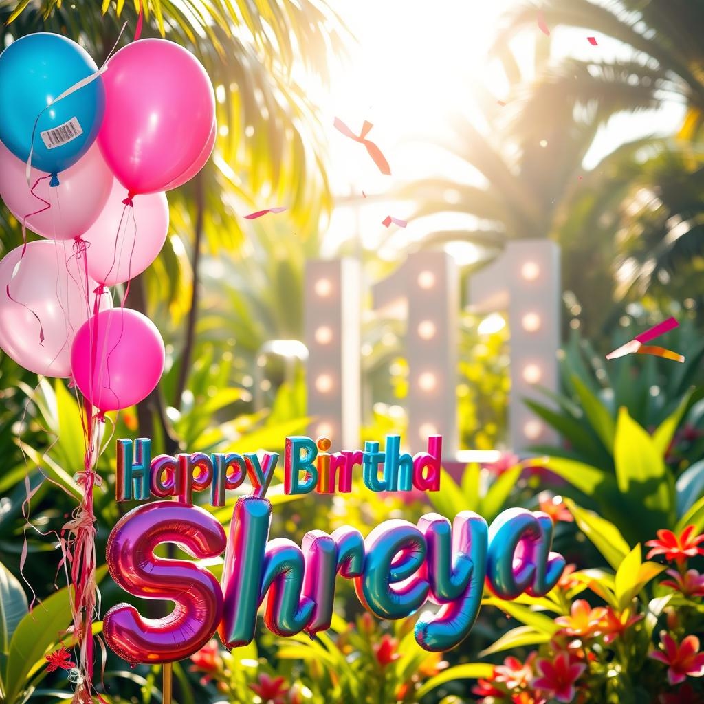 A vibrant and festive scene celebrating a birthday, featuring a colorful 'Happy Birthday Shreya' sign made of balloons and streamers, prominently displayed in the foreground