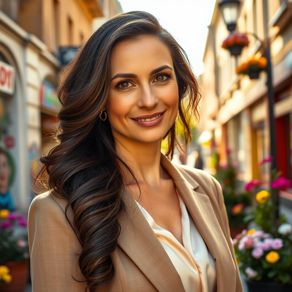 A beautiful Russian woman aged 40-45, exuding elegance and sophistication