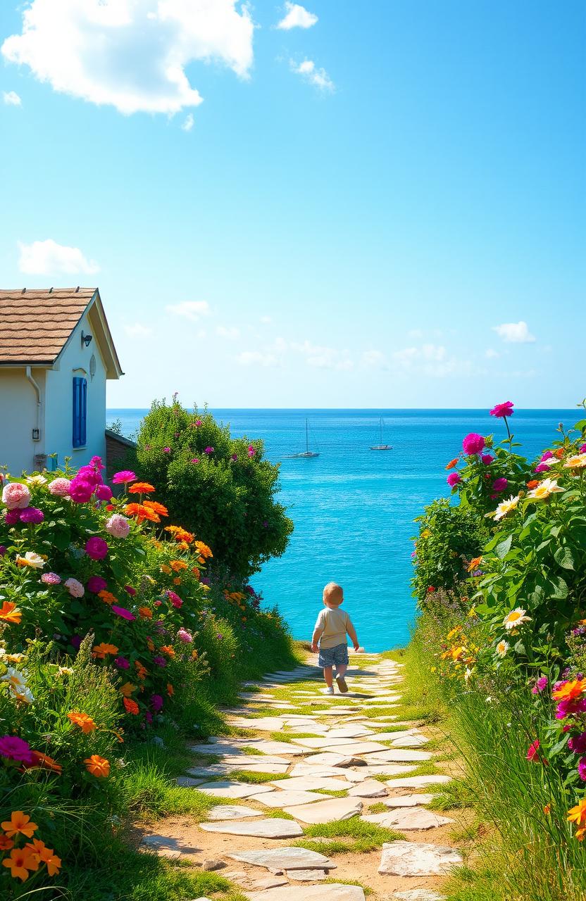 A picturesque rural village pathway leading to the serene sea, with vibrant flowers on either side