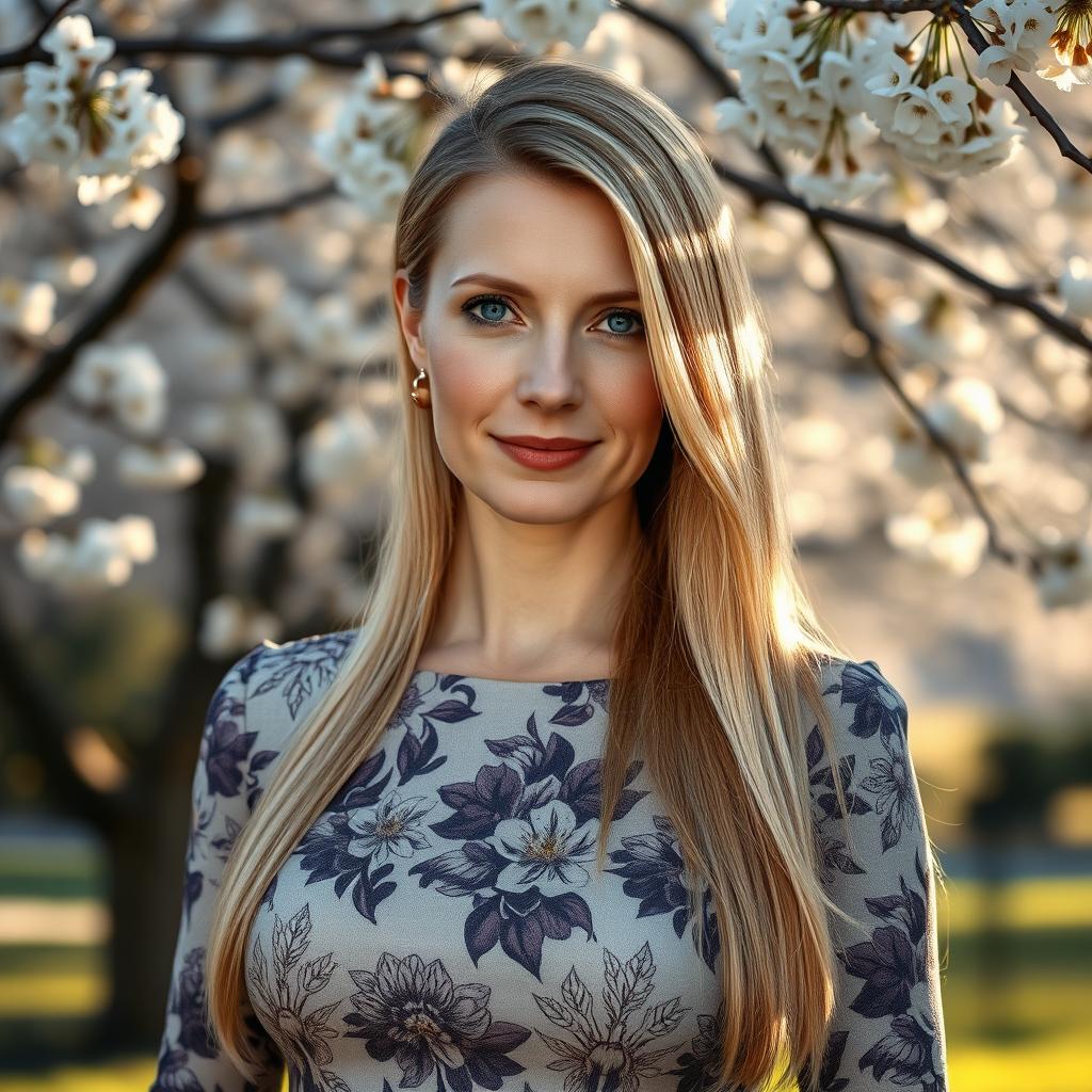 A beautiful Russian woman aged 40-45, radiating elegance and sophistication