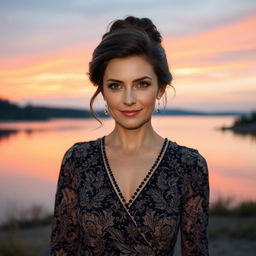 A beautiful Russian woman aged 40-45, embodying grace and charm