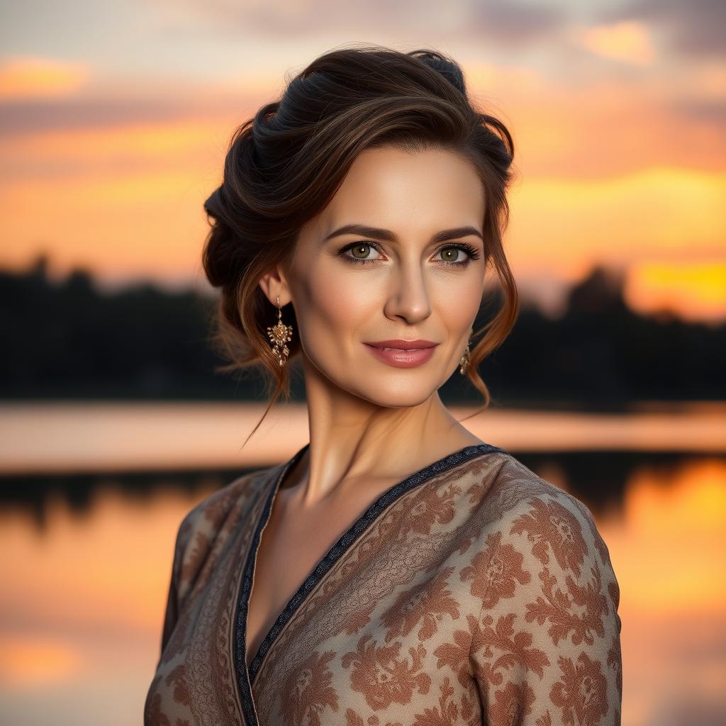 A beautiful Russian woman aged 40-45, embodying grace and charm