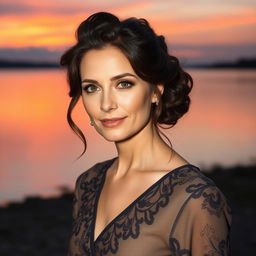 A beautiful Russian woman aged 40-45, embodying grace and charm