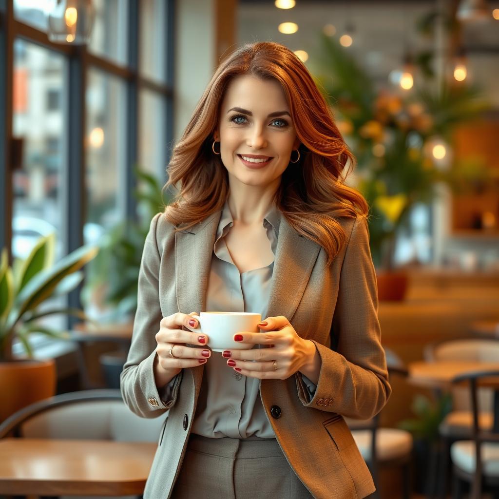 A beautiful Russian woman aged 40-45, exuding elegance and sophistication