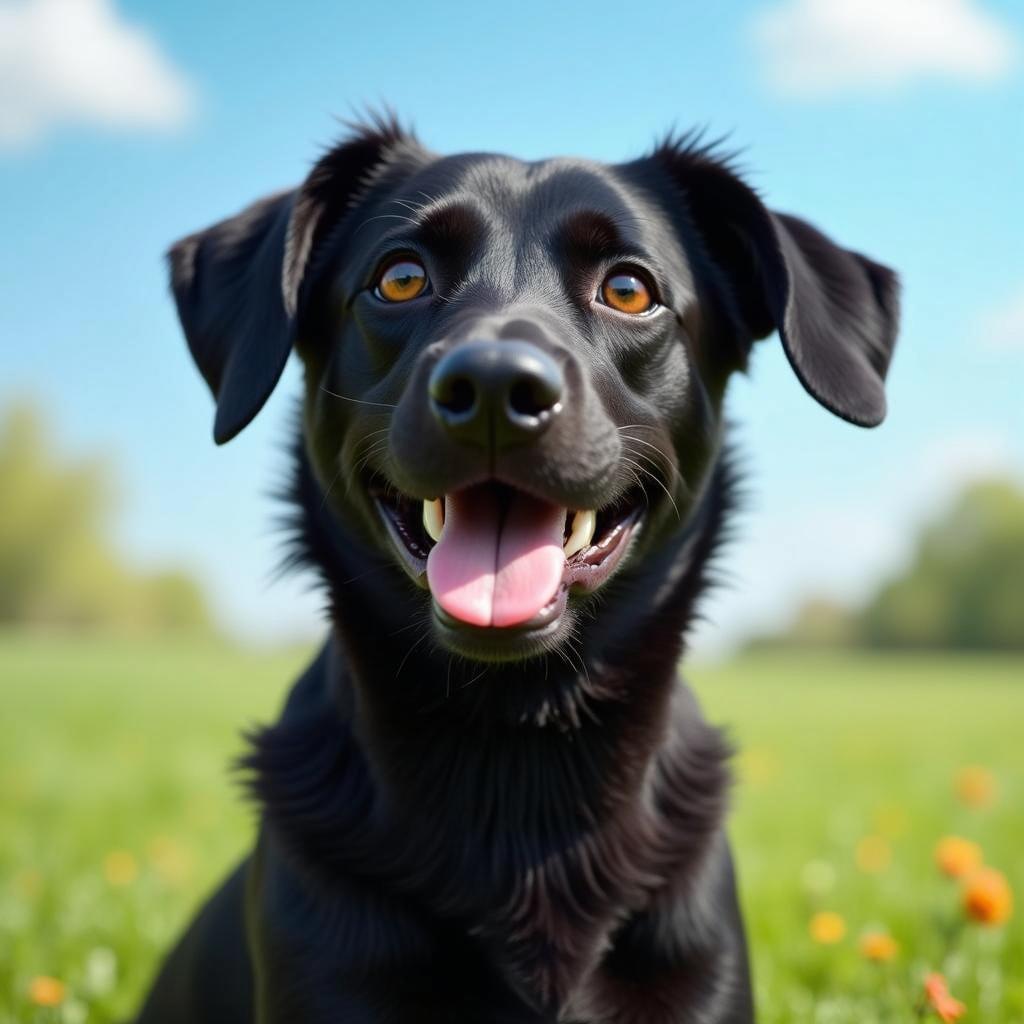 A cheerful black dog with shiny fur, sitting in a lush green field filled with vibrant orange and yellow flowers
