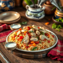 A beautiful presentation of traditional Azerbaijani Chicken Pilaf (Blau Dajak) on a rustic wooden table