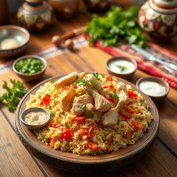 A beautiful presentation of traditional Azerbaijani Chicken Pilaf (Blau Dajak) on a rustic wooden table