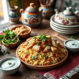 A beautiful presentation of traditional Azerbaijani Chicken Pilaf (Blau Dajak) on a rustic wooden table