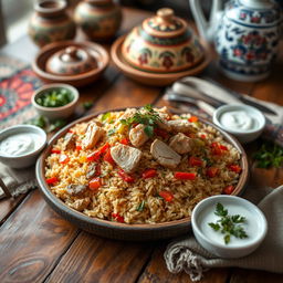 A beautiful presentation of traditional Azerbaijani Chicken Pilaf (Blau Dajak) on a rustic wooden table