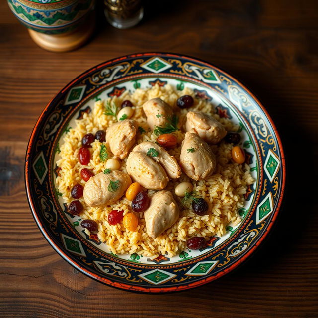 A delicious plate of Azerbaijani Chicken Pilaf (Blau d'jaj) featuring tender chicken pieces cooked with saffron-infused rice, garnished with colorful raisins, nuts, and fresh herbs like dill and parsley