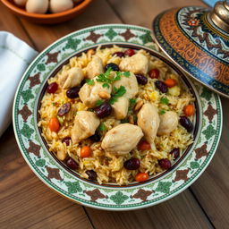 A delicious plate of Azerbaijani Chicken Pilaf (Blau d'jaj) featuring tender chicken pieces cooked with saffron-infused rice, garnished with colorful raisins, nuts, and fresh herbs like dill and parsley