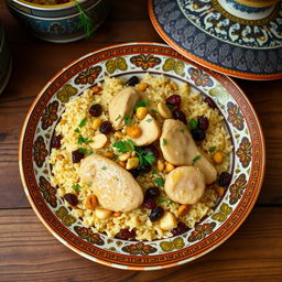 A delicious plate of Azerbaijani Chicken Pilaf (Blau d'jaj) featuring tender chicken pieces cooked with saffron-infused rice, garnished with colorful raisins, nuts, and fresh herbs like dill and parsley