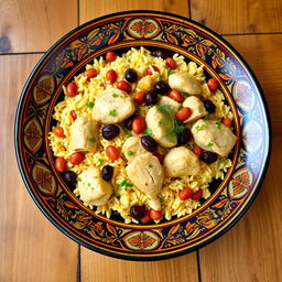A delicious plate of Azerbaijani Chicken Pilaf (Blau d'jaj) featuring tender chicken pieces cooked with saffron-infused rice, garnished with colorful raisins, nuts, and fresh herbs like dill and parsley
