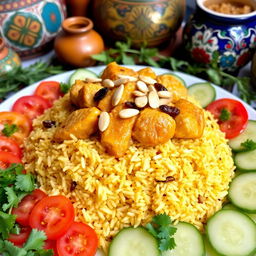A beautifully arranged plate of authentic Azeri Chicken Pilaf, featuring fluffy, fragrant saffron rice topped with tender, golden-brown chicken pieces