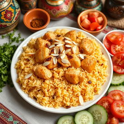 A beautifully arranged plate of authentic Azeri Chicken Pilaf, featuring fluffy, fragrant saffron rice topped with tender, golden-brown chicken pieces