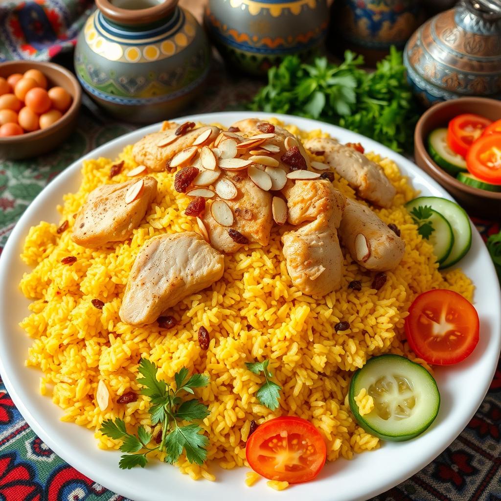 A beautifully arranged plate of authentic Azeri Chicken Pilaf, featuring fluffy, fragrant saffron rice topped with tender, golden-brown chicken pieces
