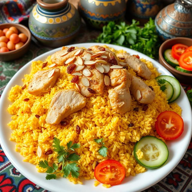 A beautifully arranged plate of authentic Azeri Chicken Pilaf, featuring fluffy, fragrant saffron rice topped with tender, golden-brown chicken pieces
