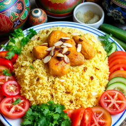 A beautifully arranged plate of authentic Azeri Chicken Pilaf, featuring fluffy, fragrant saffron rice topped with tender, golden-brown chicken pieces
