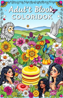 A vibrant and artistic cover for an adult coloring book, featuring a harmonious collage of various elements