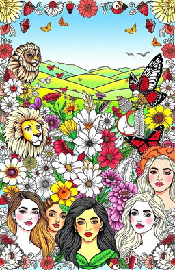 A vibrant and artistic cover for an adult coloring book, featuring a harmonious collage of various elements