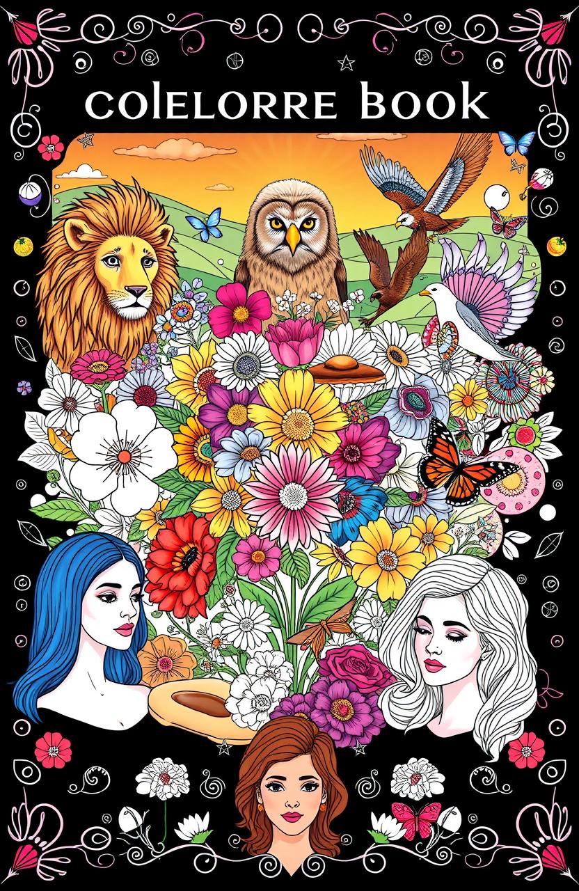 A vibrant and artistic cover for an adult coloring book, featuring a harmonious collage of various elements