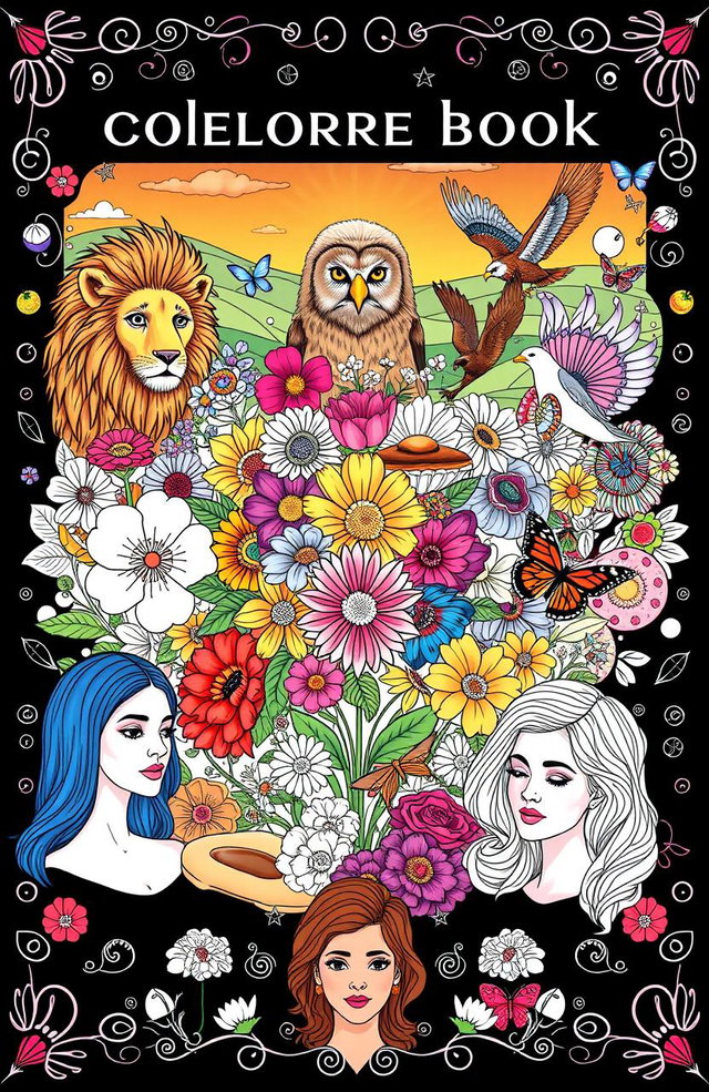 A vibrant and artistic cover for an adult coloring book, featuring a harmonious collage of various elements