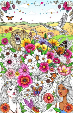 A vibrant and artistic cover for an adult coloring book, featuring a harmonious collage of various elements