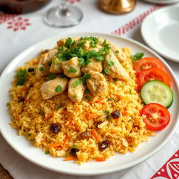 A beautifully arranged plate of Azeri chicken plov, featuring a mound of aromatic saffron-infused rice topped with tender, juicy pieces of chicken