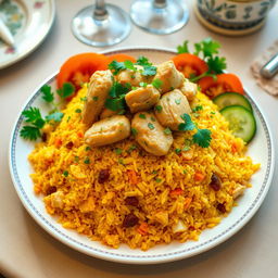 A beautifully arranged plate of Azeri chicken plov, featuring a mound of aromatic saffron-infused rice topped with tender, juicy pieces of chicken