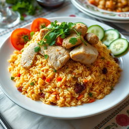 A beautifully arranged plate of Azeri chicken plov, featuring a mound of aromatic saffron-infused rice topped with tender, juicy pieces of chicken