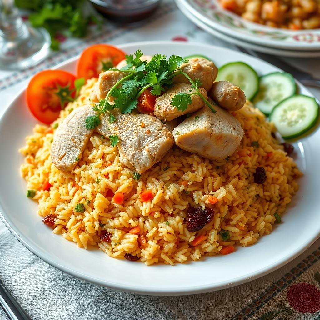 A beautifully arranged plate of Azeri chicken plov, featuring a mound of aromatic saffron-infused rice topped with tender, juicy pieces of chicken