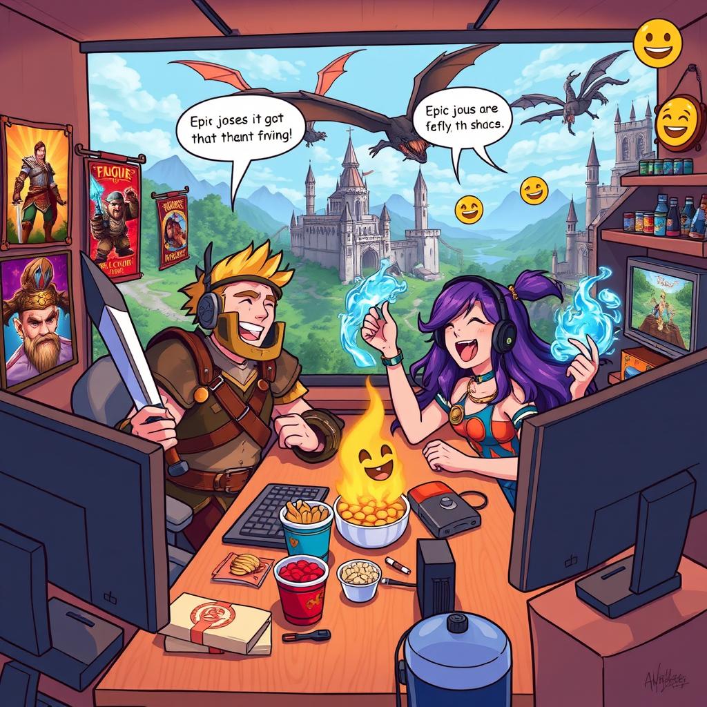 A vibrant illustration depicting two friends playing World of Warcraft, surrounded by iconic elements of Azeroth