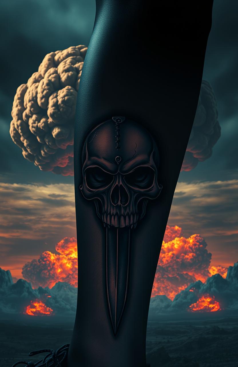 A chilling science fiction horror scene featuring a large, ominous mushroom cloud as the backdrop