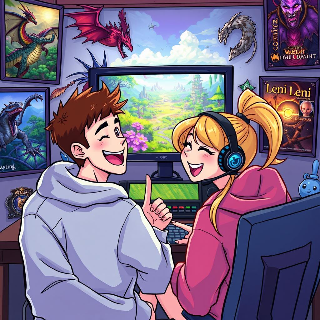An exciting and colorful illustration depicting two friends, a male and a female, immersed in an epic fantasy setting inspired by a video game like World of Warcraft