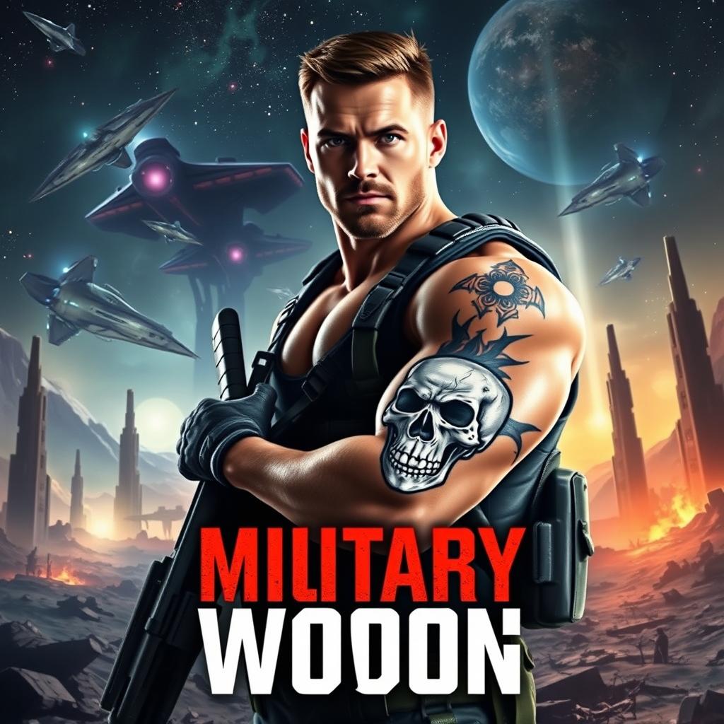 A visually striking science fiction military book cover featuring a muscular man in tactical gear, standing confidently amidst an otherworldly battlefield