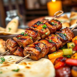 A close-up shot of beautifully arranged Azerbaijani Tandir Kebab, featuring skewered tender pieces of marinated meat grilled to perfection over an open flame