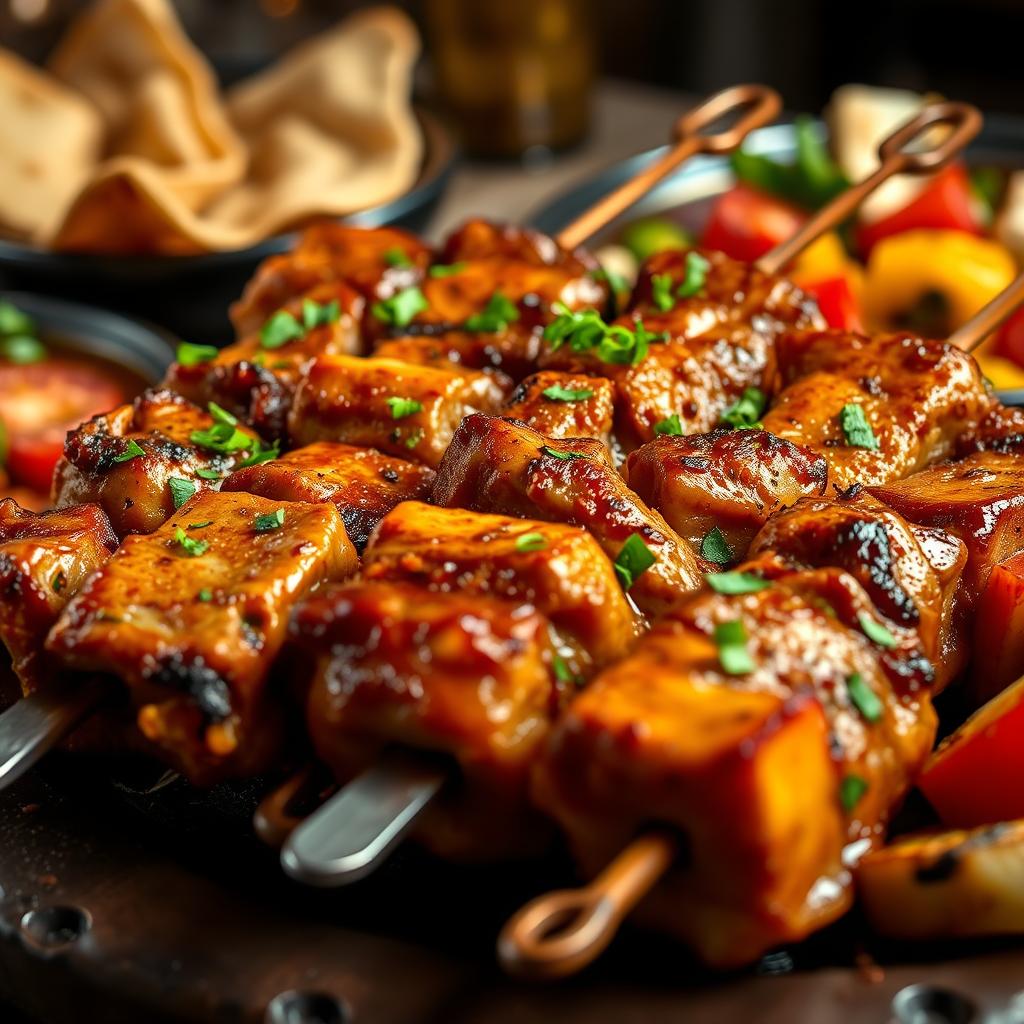 A close-up shot of beautifully arranged Azerbaijani Tandir Kebab, featuring skewered tender pieces of marinated meat grilled to perfection over an open flame