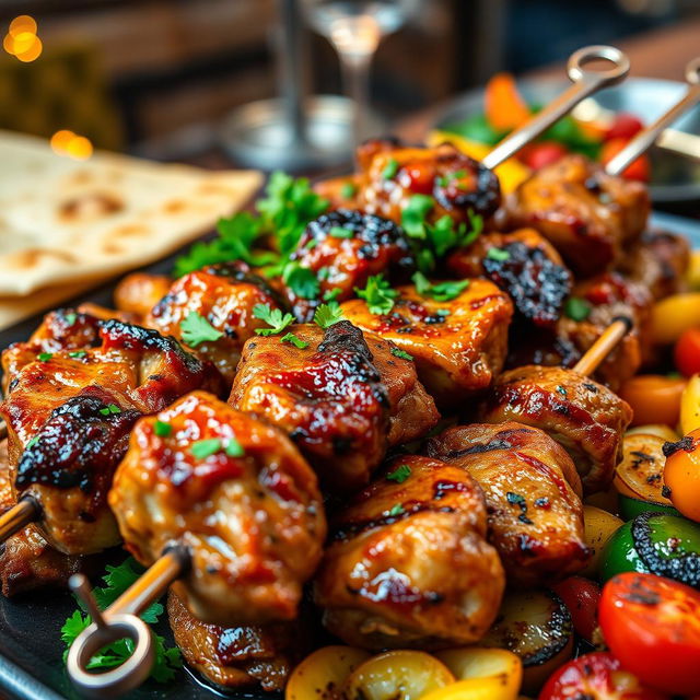 A close-up shot of beautifully arranged Azerbaijani Tandir Kebab, featuring skewered tender pieces of marinated meat grilled to perfection over an open flame