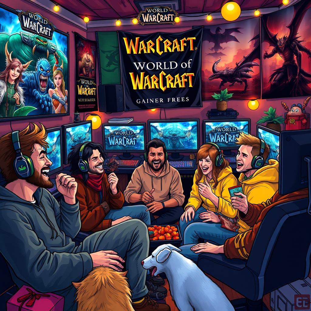 A vibrant and energetic scene showcasing a diverse group of gamers enthusiastically playing World of Warcraft together