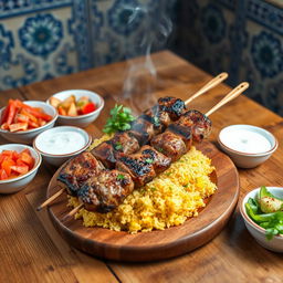 A mouthwatering presentation of Azerbaijani Tandir Kebab, beautifully arranged on a rustic wooden table