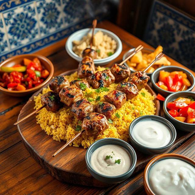 A mouthwatering presentation of Azerbaijani Tandir Kebab, beautifully arranged on a rustic wooden table